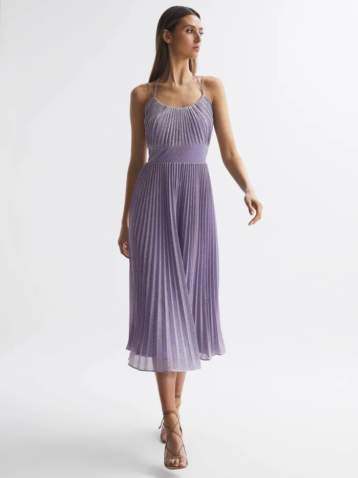 Women Evelia Halston Shimmer Pleated Midi Dress Lilac Reiss Dresses
