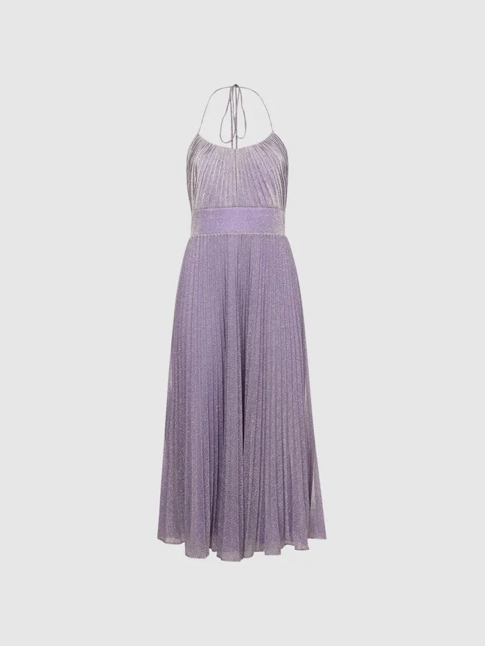 Women Evelia Halston Shimmer Pleated Midi Dress Lilac Reiss Dresses