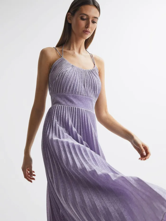 Women Evelia Halston Shimmer Pleated Midi Dress Lilac Reiss Dresses