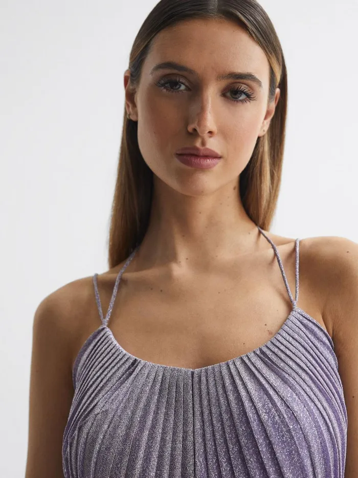 Women Evelia Halston Shimmer Pleated Midi Dress Lilac Reiss Dresses