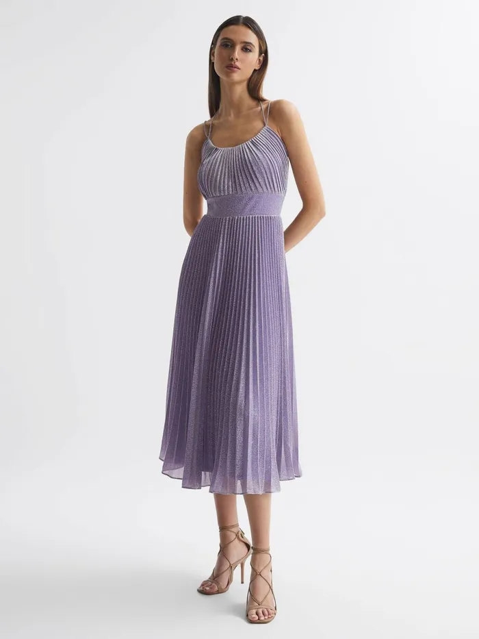 Women Evelia Halston Shimmer Pleated Midi Dress Lilac Reiss Dresses