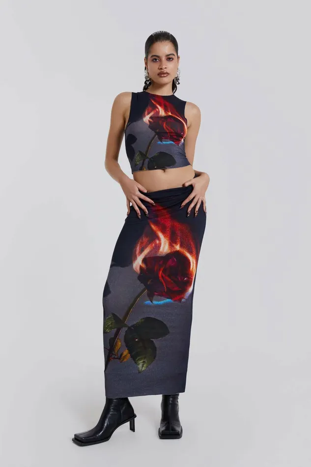 Women Flaming Rose Raw Edge Tank Top Black Jaded London