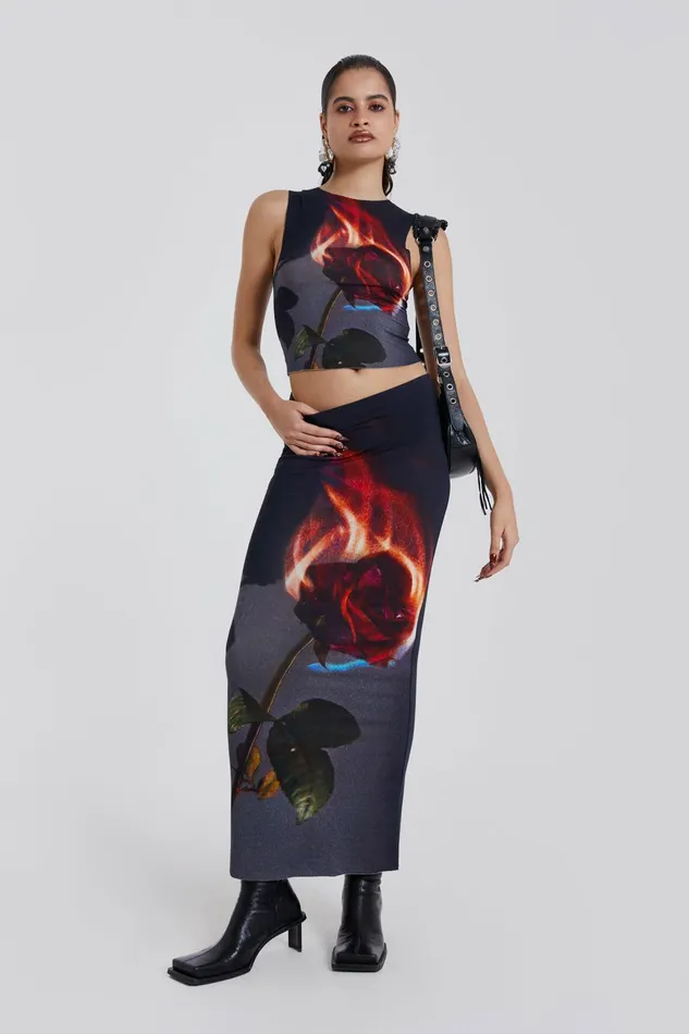 Women Flaming Rose Raw Edge Tank Top Black Jaded London