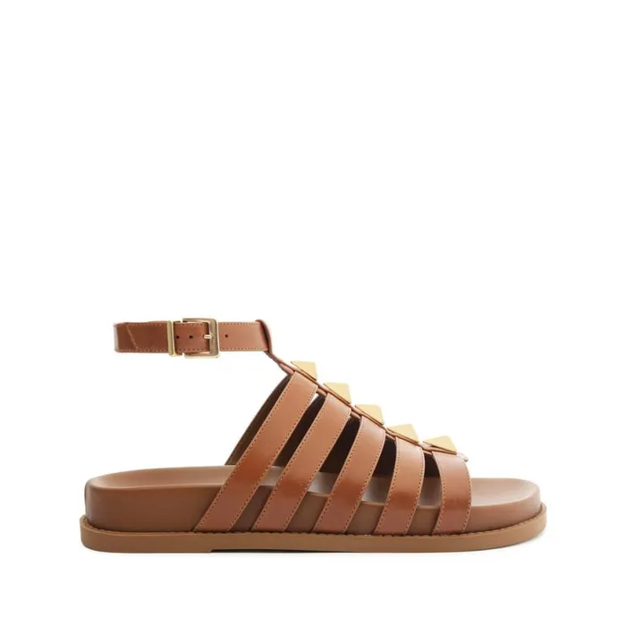 Women Flats Schutz Shoes Kyrie Sporty Leather Sandal Brown
