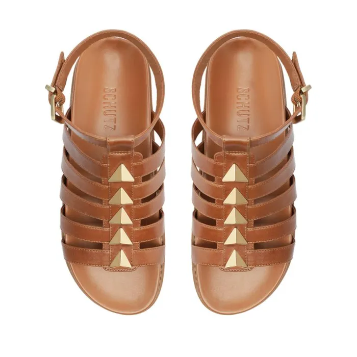 Women Flats Schutz Shoes Kyrie Sporty Leather Sandal Brown
