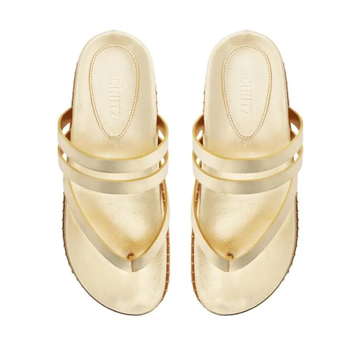 Women Flats Schutz Shoes Rania Sporty Metallic Leather Sandal Gold