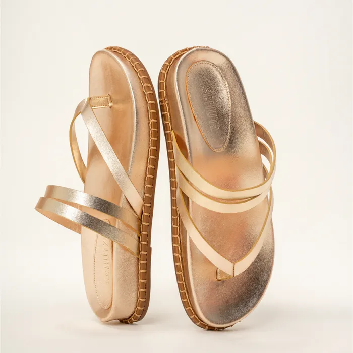 Women Flats Schutz Shoes Rania Sporty Metallic Leather Sandal Gold