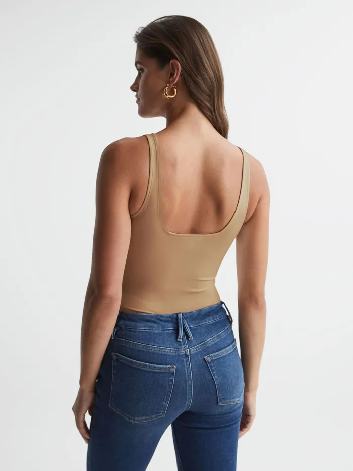 Women Good American Square Neck Bodysuit Taupe Reiss Tops