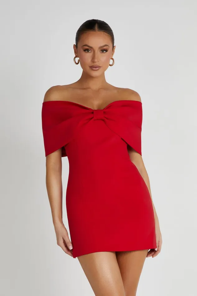 Women Gwyneth Off Shoulder Bow Mini Dress 8211 Red Red Meshki Mini Dresses