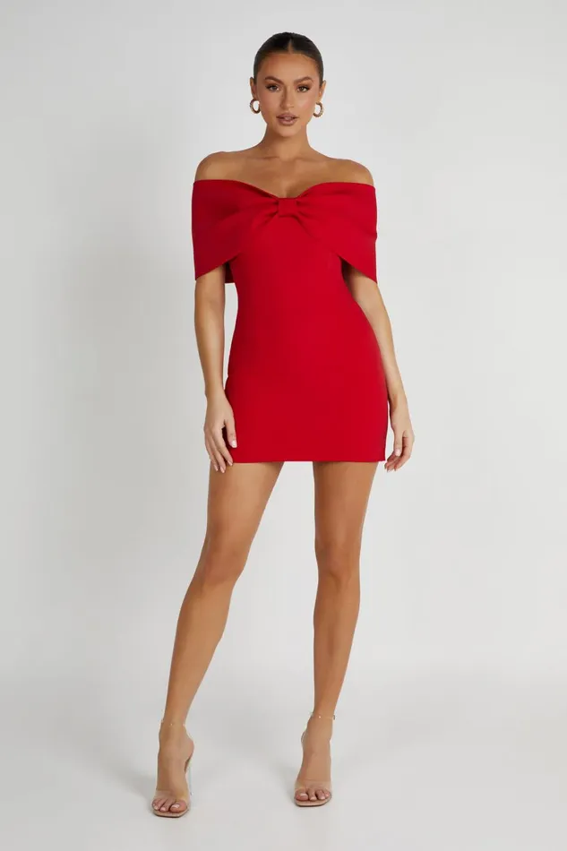 Women Gwyneth Off Shoulder Bow Mini Dress 8211 Red Red Meshki Mini Dresses