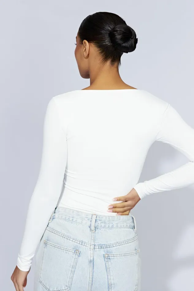 Women Heather Scooped Long Sleeve Top 8211 White White Meshki Basic Tops