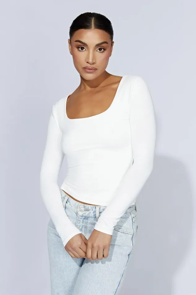 Women Heather Scooped Long Sleeve Top 8211 White White Meshki Basic Tops