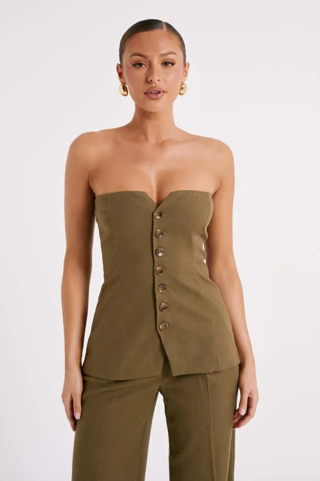 Women Innis Linen Longline Strapless Top 8211 Olive Olive Meshki Sleeveless Tops
