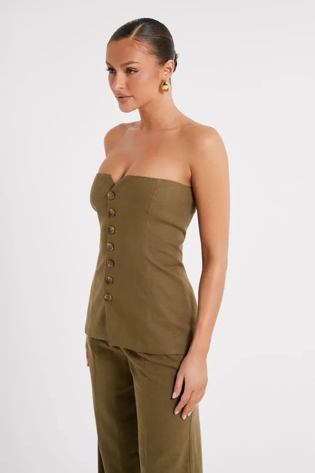 Women Innis Linen Longline Strapless Top 8211 Olive Olive Meshki Sleeveless Tops