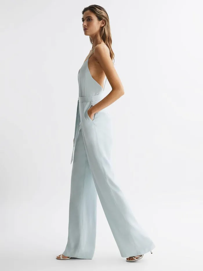 Women Irina Embellished Wide Leg Jumpsuit Green Reiss Jumpsuits
