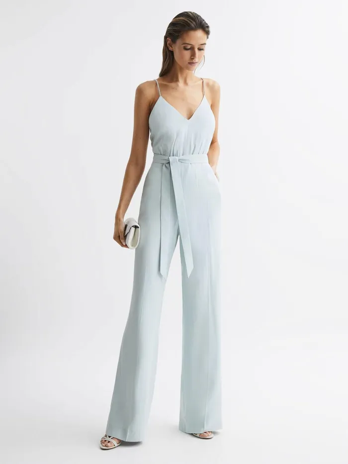 Women Irina Embellished Wide Leg Jumpsuit Green Reiss Jumpsuits