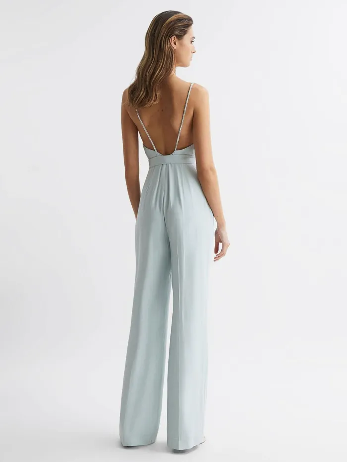 Women Irina Embellished Wide Leg Jumpsuit Green Reiss Jumpsuits