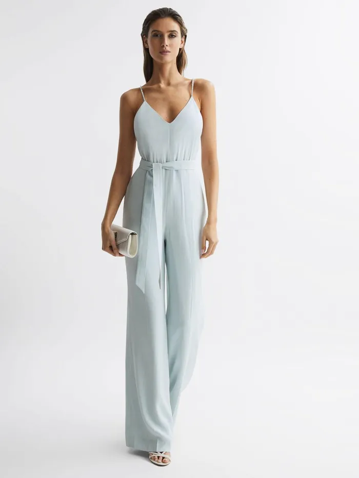 Women Irina Embellished Wide Leg Jumpsuit Green Reiss Jumpsuits