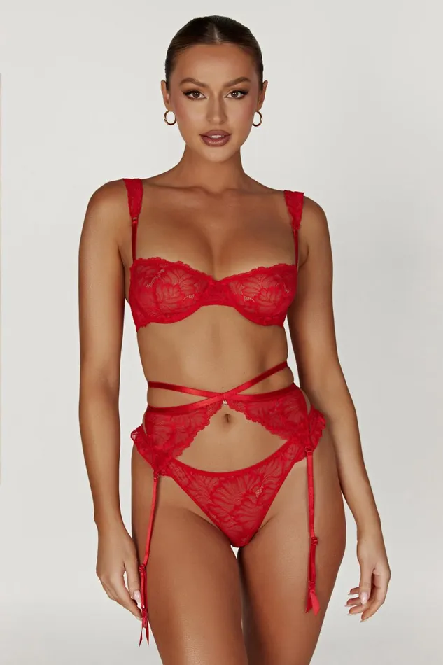 Women Isadora Lace Crossover Suspenders 8211 Red Red Meshki Intimates