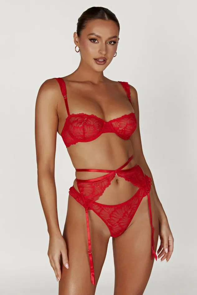 Women Isadora Lace Crossover Suspenders 8211 Red Red Meshki Intimates