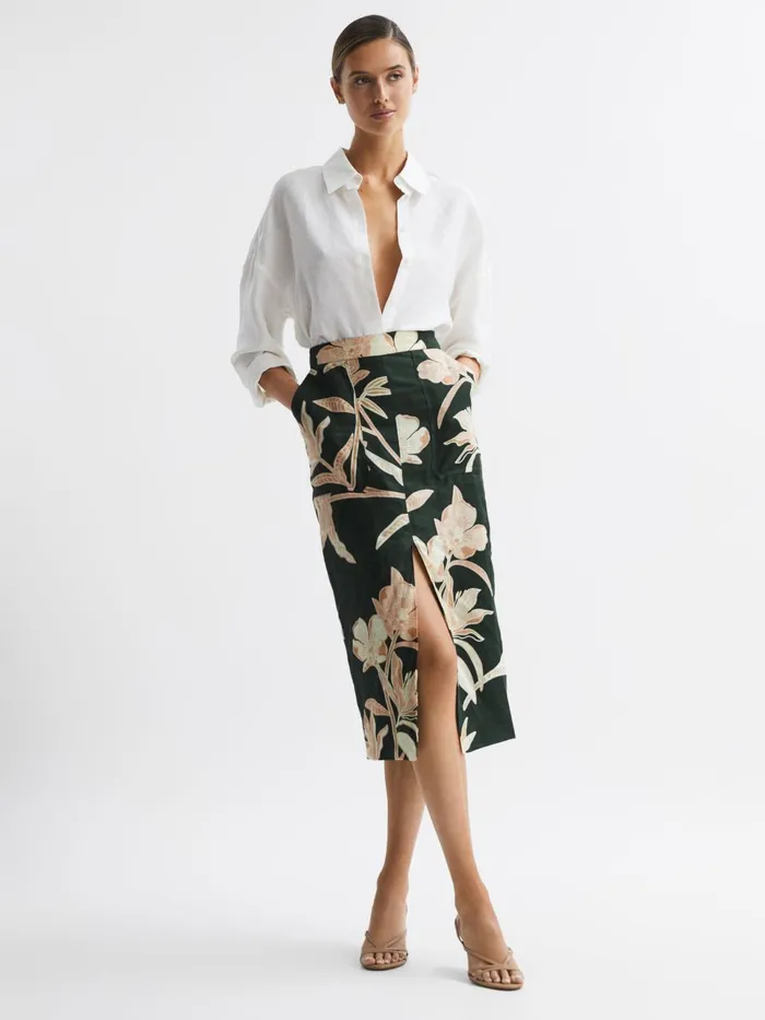 Women Jackson Floral Print High Rise Midi Skirt Khaki Reiss Skirts