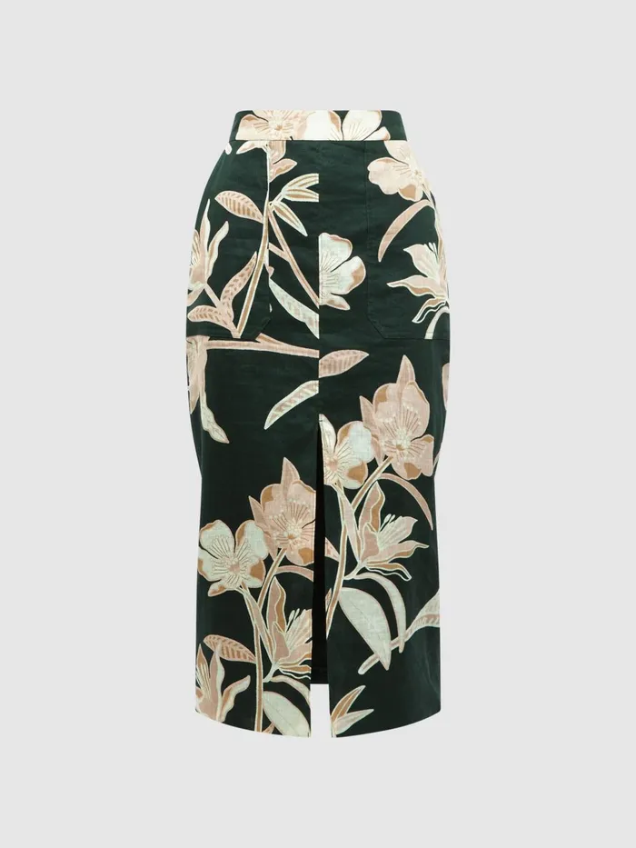 Women Jackson Floral Print High Rise Midi Skirt Khaki Reiss Skirts