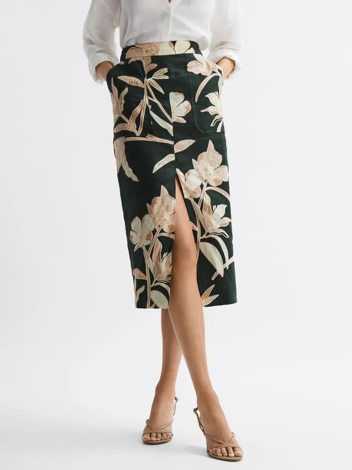 Women Jackson Floral Print High Rise Midi Skirt Khaki Reiss Skirts