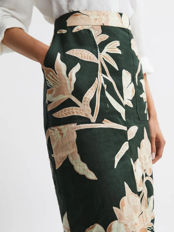 Women Jackson Floral Print High Rise Midi Skirt Khaki Reiss Skirts