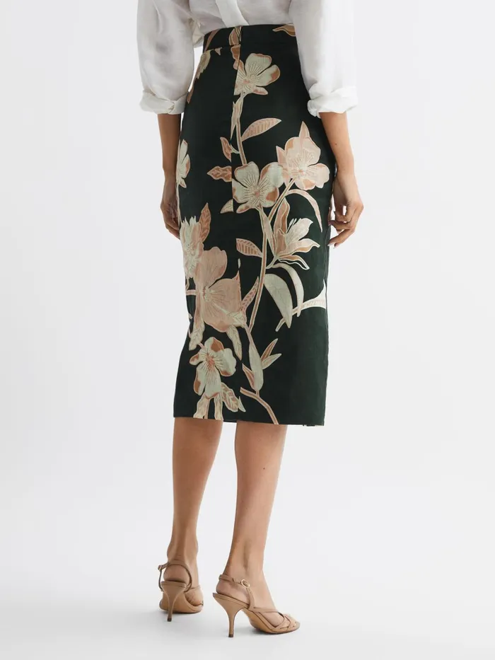 Women Jackson Floral Print High Rise Midi Skirt Khaki Reiss Skirts