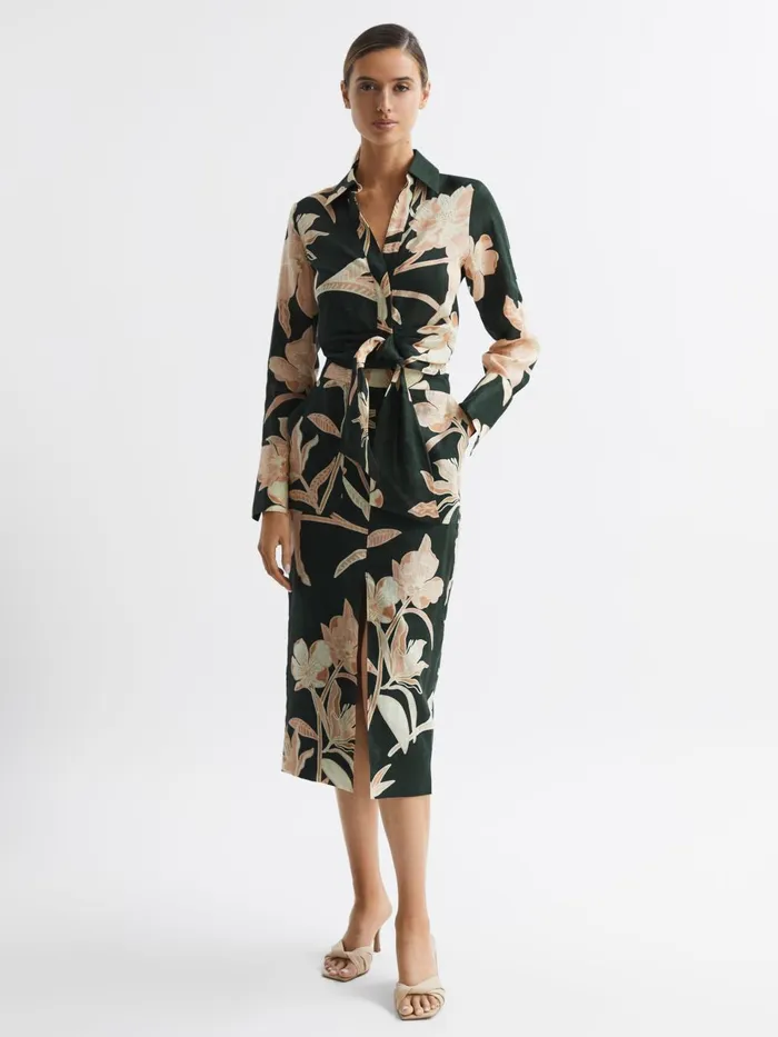 Women Jackson Floral Print High Rise Midi Skirt Khaki Reiss Skirts