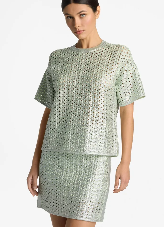 Women Lacquered Crochet Knit Top Pale Lime St John Tops and Shells