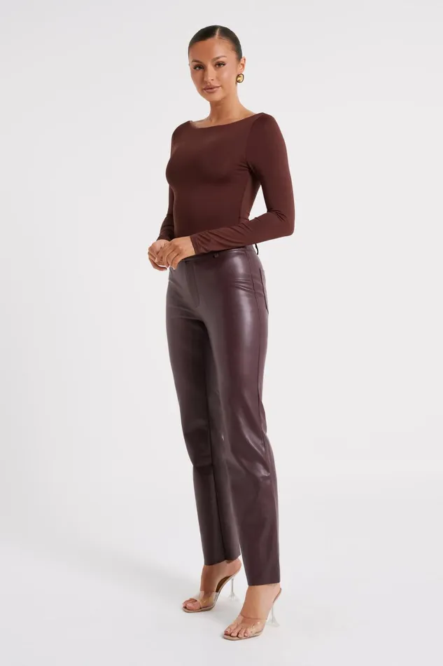 Women Laurette Faux Leather Straight Leg Pant 8211 Dark Chocolate Darkchocolate Meshki Pants