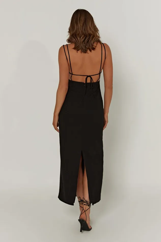 Women Leana Linen Backless Midi Dress 8211 Black Black Meshki Midi Dresses