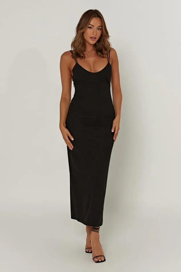 Women Leana Linen Backless Midi Dress 8211 Black Black Meshki Midi Dresses