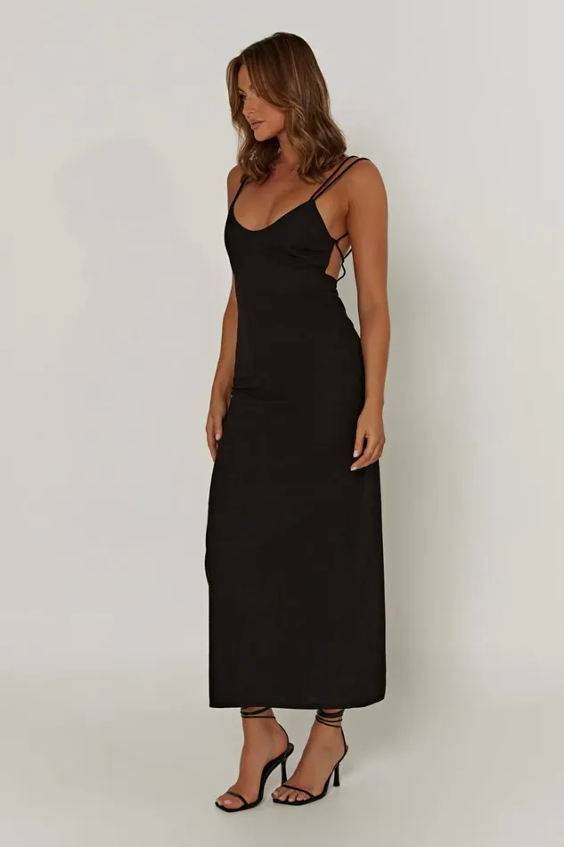 Women Leana Linen Backless Midi Dress 8211 Black Black Meshki Midi Dresses