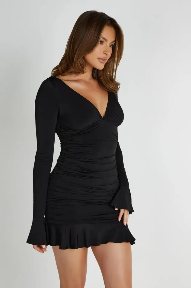 Women Leanne Jersey Gathered Mini Dress 8211 Black Black Meshki Mini Dresses