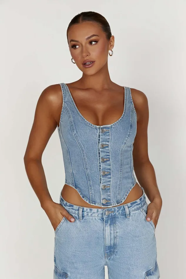 Women Leilani Corset Denim Top 8211 Mid Blue Midblue Meshki Denim
