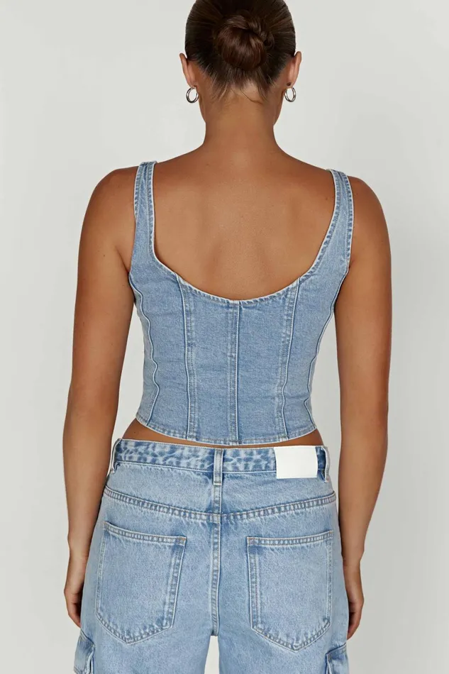 Women Leilani Corset Denim Top 8211 Mid Blue Midblue Meshki Denim