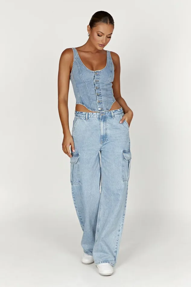 Women Leilani Corset Denim Top 8211 Mid Blue Midblue Meshki Denim