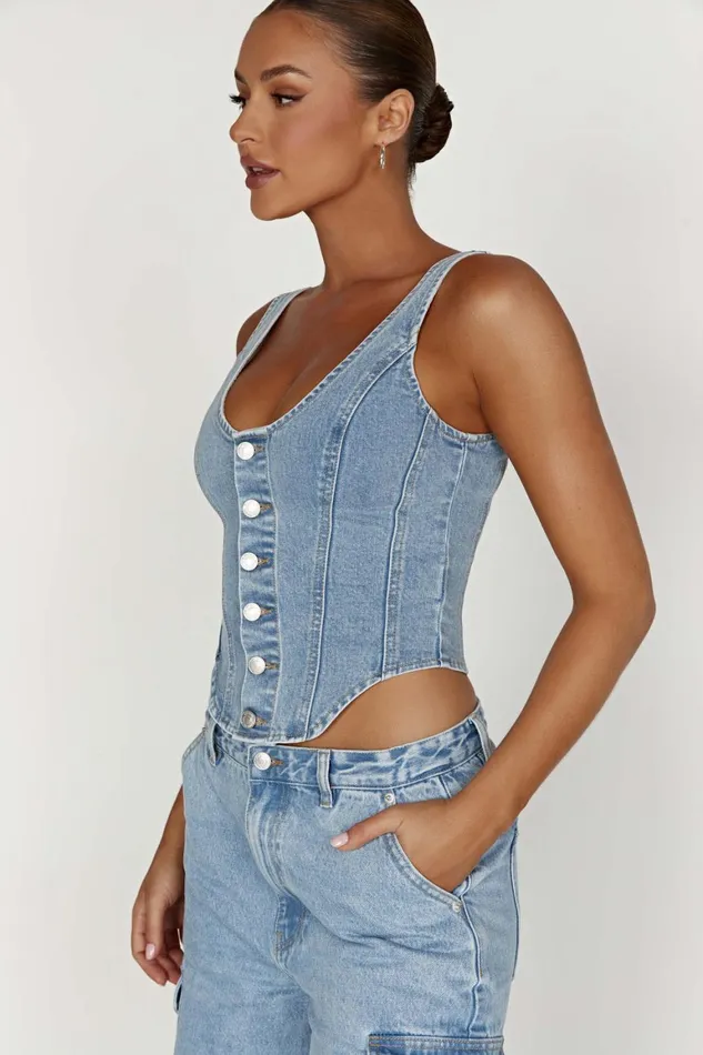 Women Leilani Corset Denim Top 8211 Mid Blue Midblue Meshki Denim