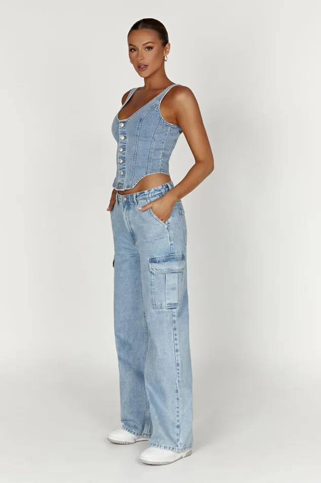 Women Leilani Corset Denim Top 8211 Mid Blue Midblue Meshki Denim