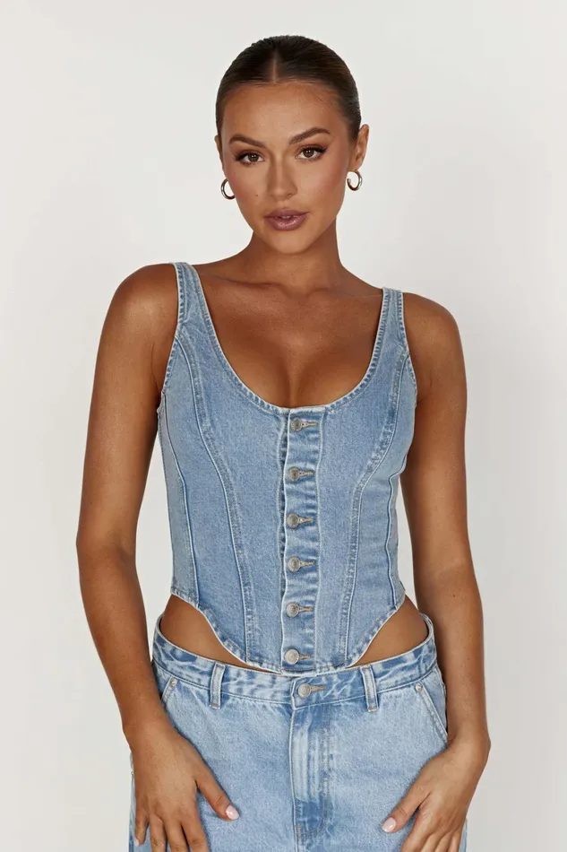 Women Leilani Corset Denim Top 8211 Mid Blue Midblue Meshki Denim