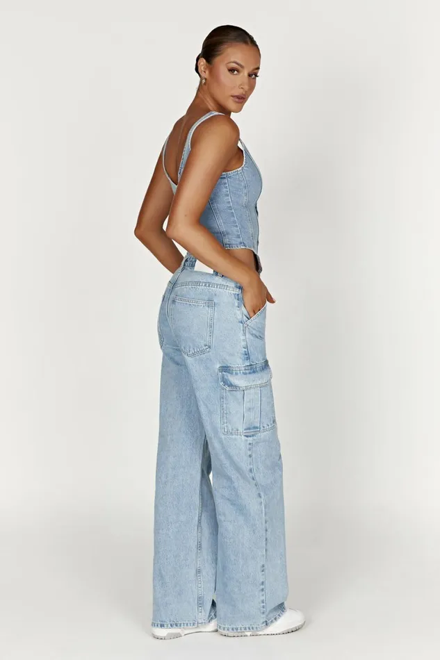 Women Leilani Corset Denim Top 8211 Mid Blue Midblue Meshki Denim