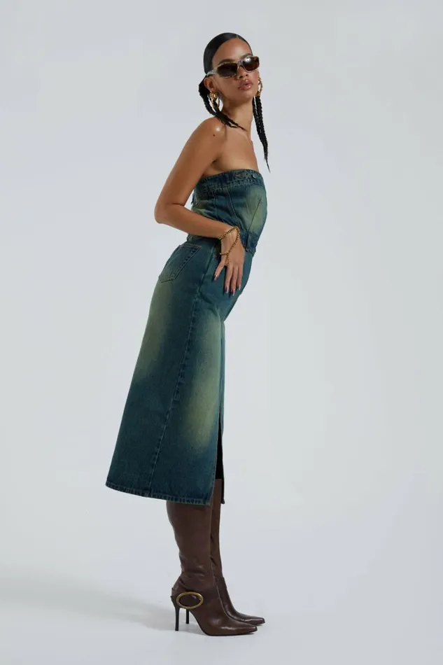 Women Liberty 2 In 1 Detachable Denim Blue Midi Dress Blue Jaded London