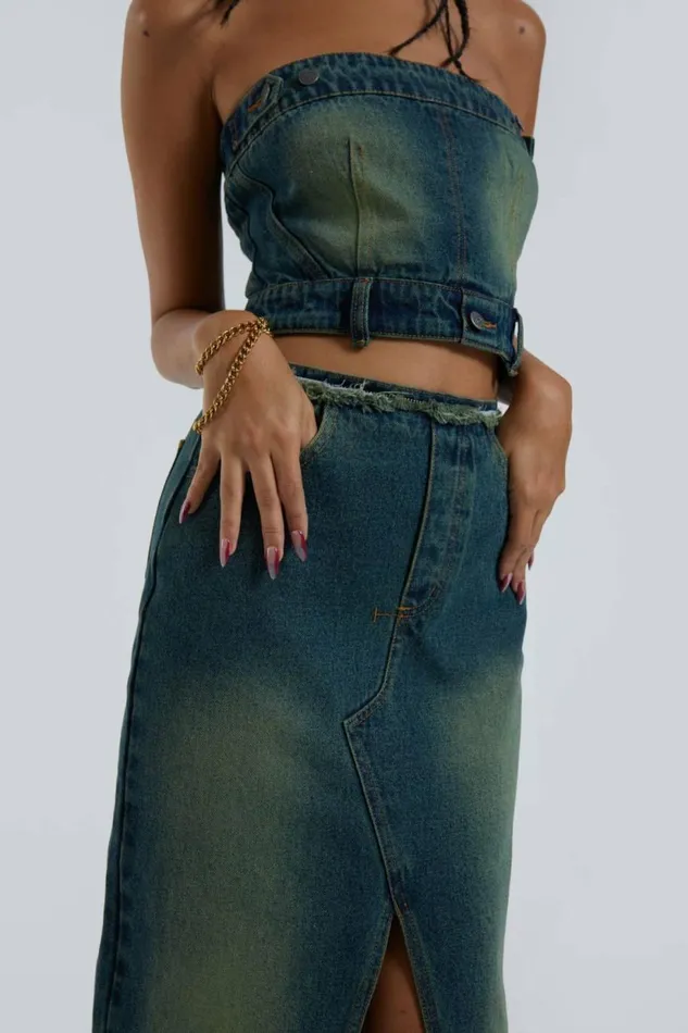 Women Liberty 2 In 1 Detachable Denim Blue Midi Dress Blue Jaded London