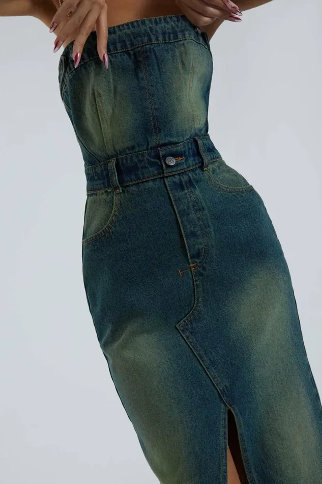 Women Liberty 2 In 1 Detachable Denim Blue Midi Dress Blue Jaded London