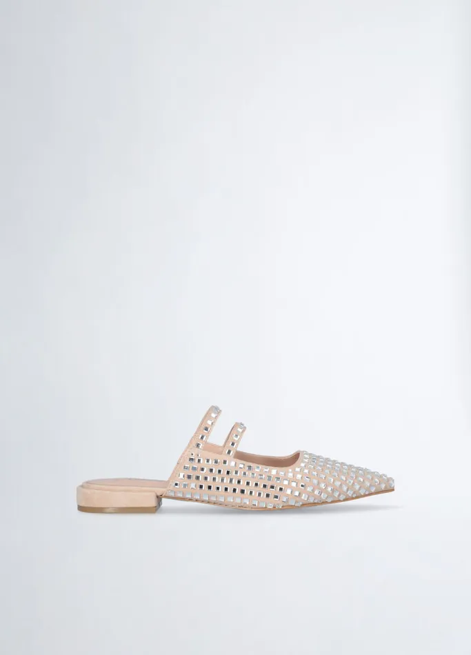 Women Liujo Flat Shoes Full Rhinestone Mules Nude