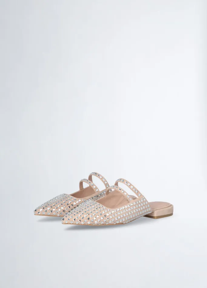 Women Liujo Flat Shoes Full Rhinestone Mules Nude