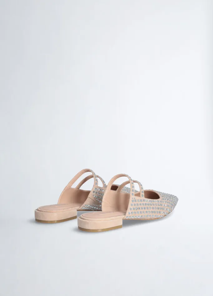 Women Liujo Flat Shoes Full Rhinestone Mules Nude
