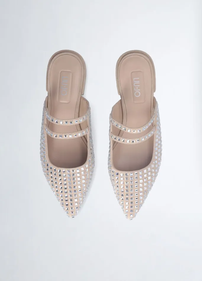 Women Liujo Flat Shoes Full Rhinestone Mules Nude